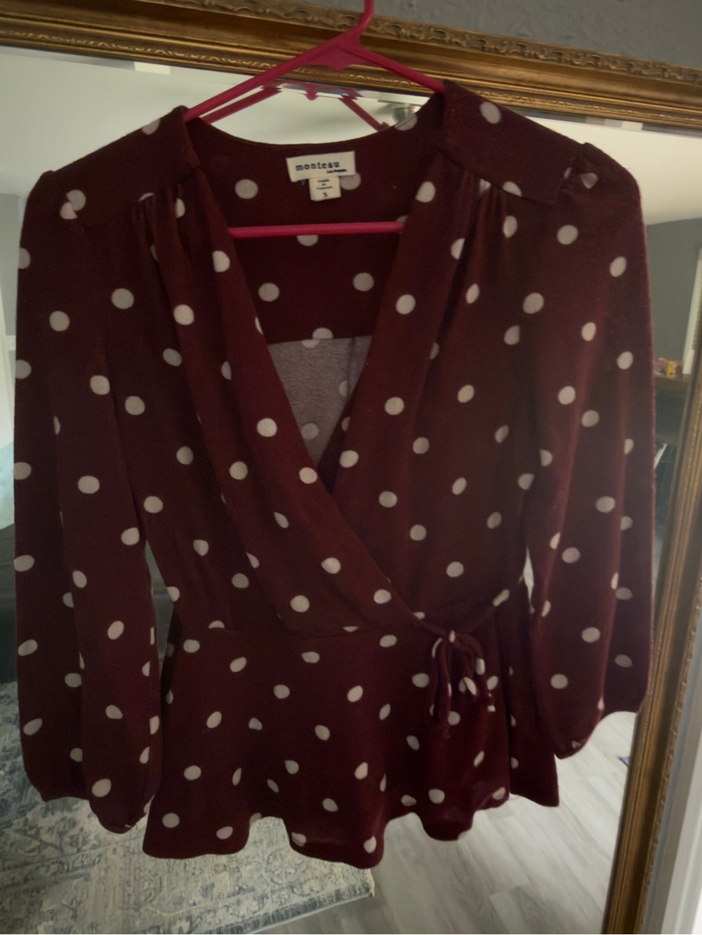 Monteau Burgundy Polka Dot Wrap Blouse